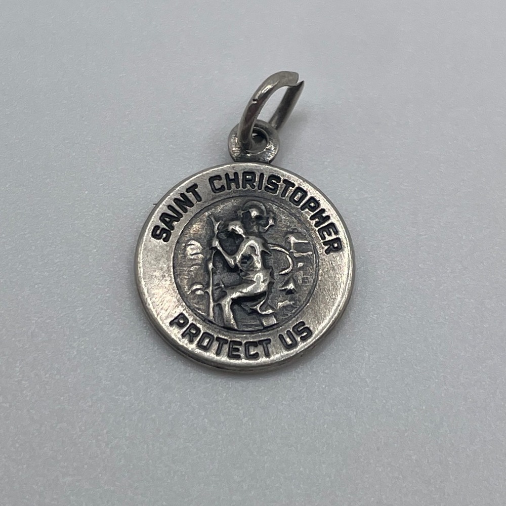Saint Christopher Protect Us Sterling Silver .925 Vintage Medal Pendant Charm